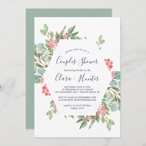 Christmas Greenery  Red Berry Couples Shower Invitation