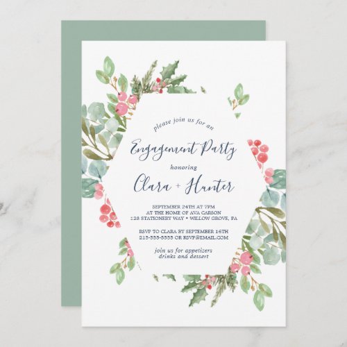 Christmas Greenery  Red Berry Engagement Party Invitation