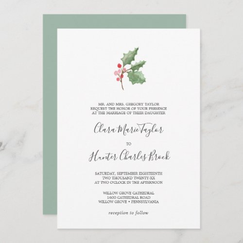 Christmas Greenery  Red Berry Formal Wedding Invitation