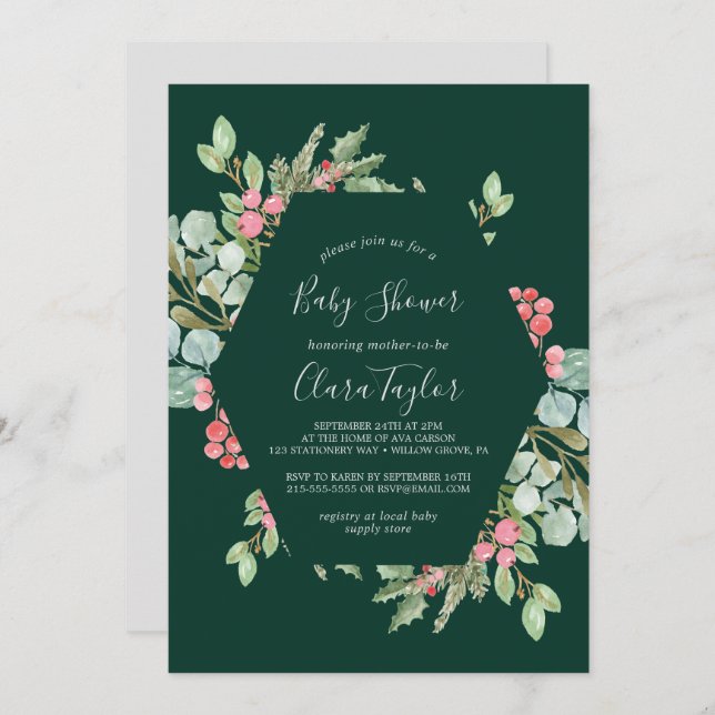 Christmas Greenery & Red Berry | Green Baby Shower Invitation (Front/Back)