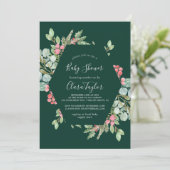 Christmas Greenery & Red Berry | Green Baby Shower Invitation (Standing Front)