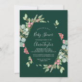Christmas Greenery & Red Berry | Green Baby Shower Invitation (Front)