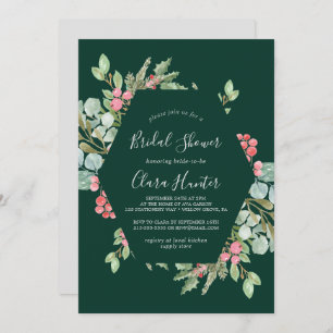 Christmas Greenery & Red Berry Green Bridal Shower Invitation