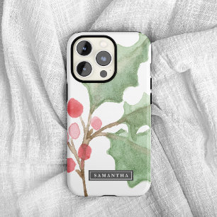 Christmas Greenery & Red Berry Personalized Name iPhone X Case