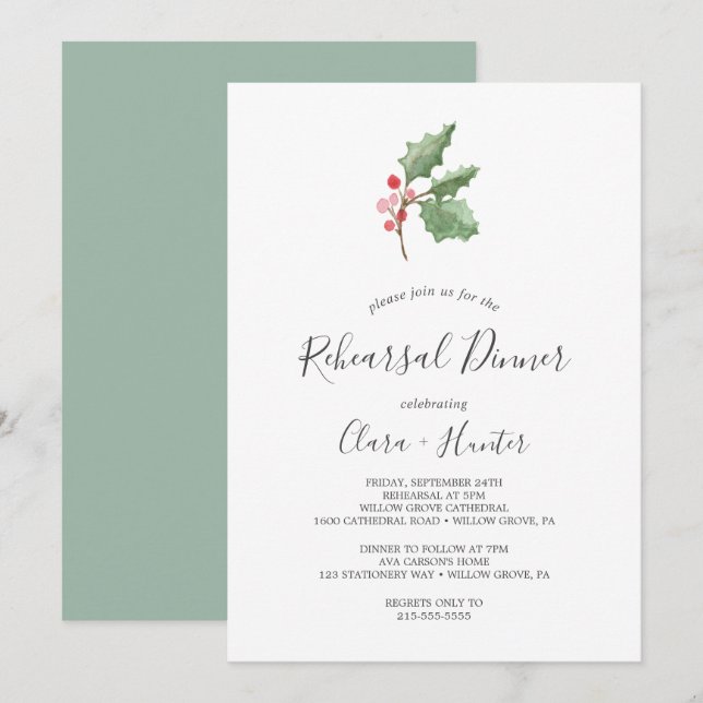 Christmas Greenery & Red Berry Rehearsal Dinner Invitation (Front/Back)