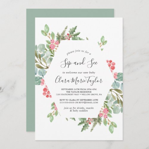 Christmas Greenery  Red Berry Sip and See Invitation