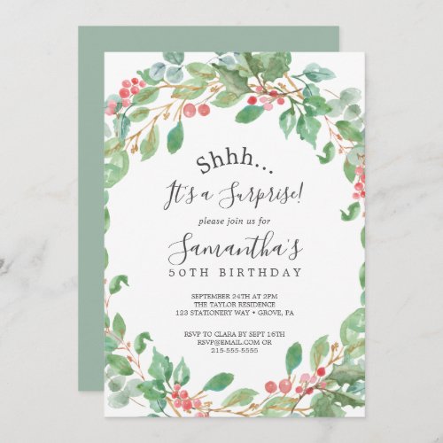 Christmas Greenery  Red Berry Surprise Party Invitation
