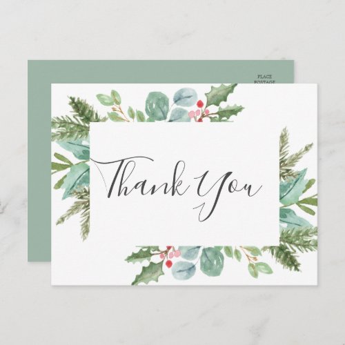 Christmas Greenery  Red Berry Thank You Postcard