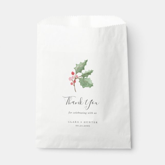 Christmas Greenery & Red Berry Thank You Wedding Favor Bag (Front)