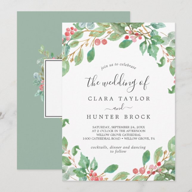 Christmas Greenery & Red Berry The Wedding Of Invitation (Front/Back)