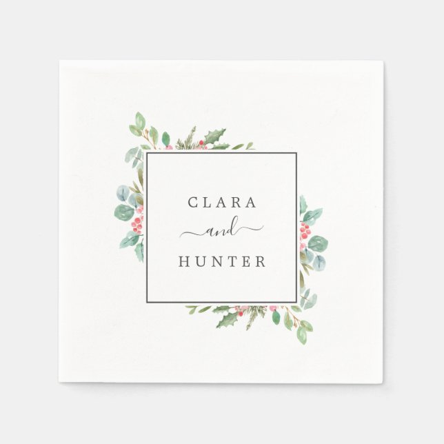 Christmas Greenery & Red Berry Wedding Napkins (Front)