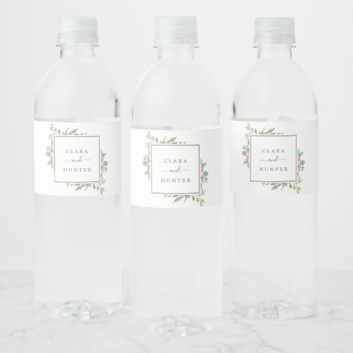 Christmas Greenery  Red Berry Wedding Water Bottle Label