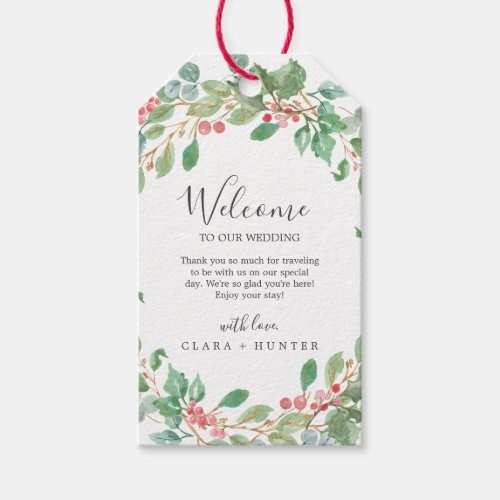 Christmas Greenery & Red Berry Wedding Welcome Gift Tags