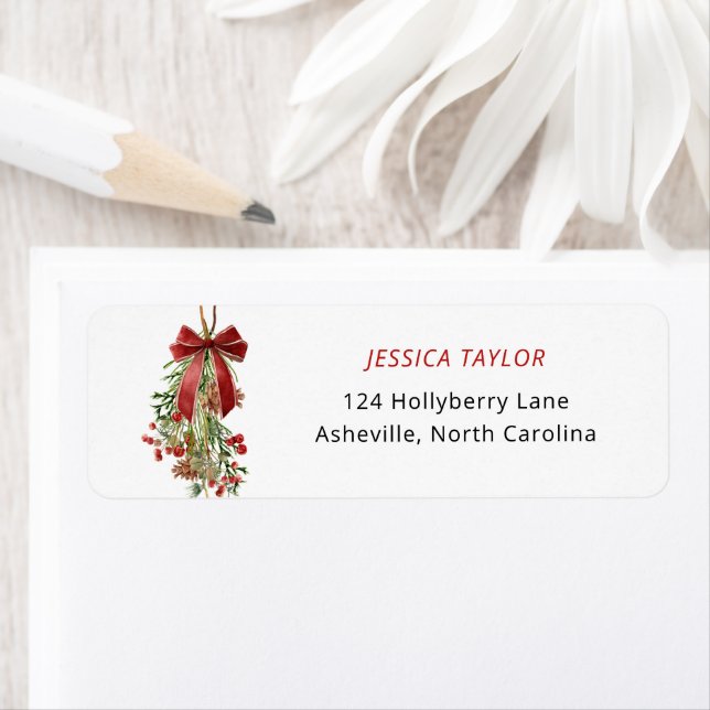 Christmas Greenery Red Bow Address  Label (Insitu)