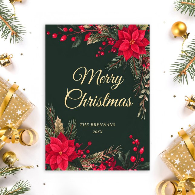 Christmas Greenery Red Green Gold Festive  Holiday Card (Christmas Greenery Red Green Gold Festive Holiday Card)