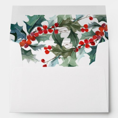 Christmas greenery red holly berries watercolor envelope