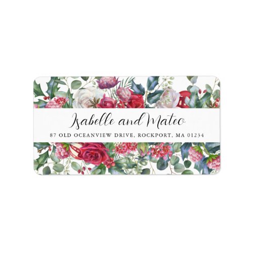Christmas Greenery Red Rose Floral Address Label