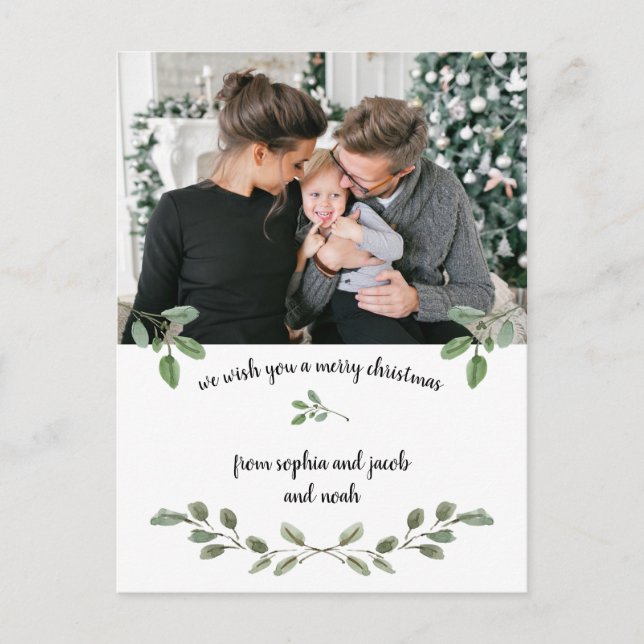 Christmas Greenery | Simple Watercolor Two Photo Holiday Postcard (Front)