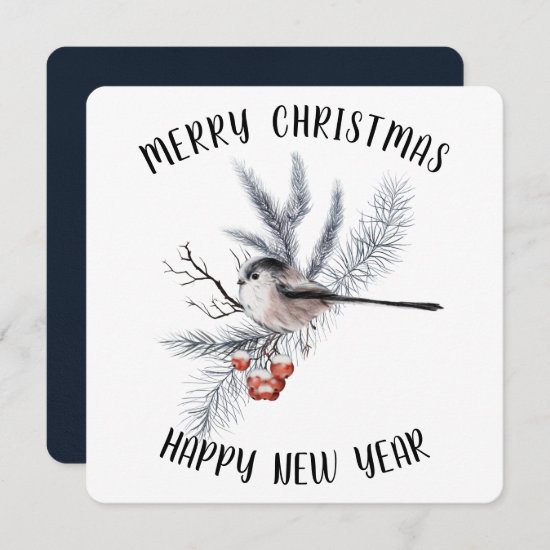 Christmas Greenery, Snow, Bird Minimalist Holiday Card