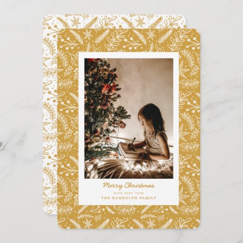 Christmas Greenery Vertical Single Photo Gold Holiday Card