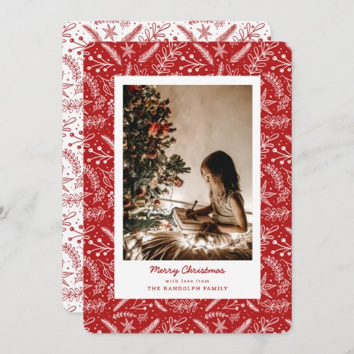 Christmas Greenery Vertical Single Photo Red Holiday Card