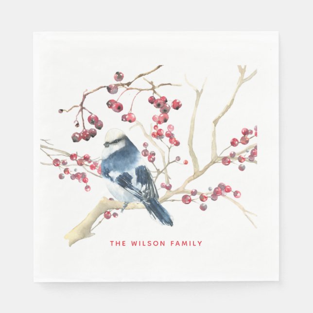 Christmas Greenery w Bird - Personalized Holiday Napkins (Front)