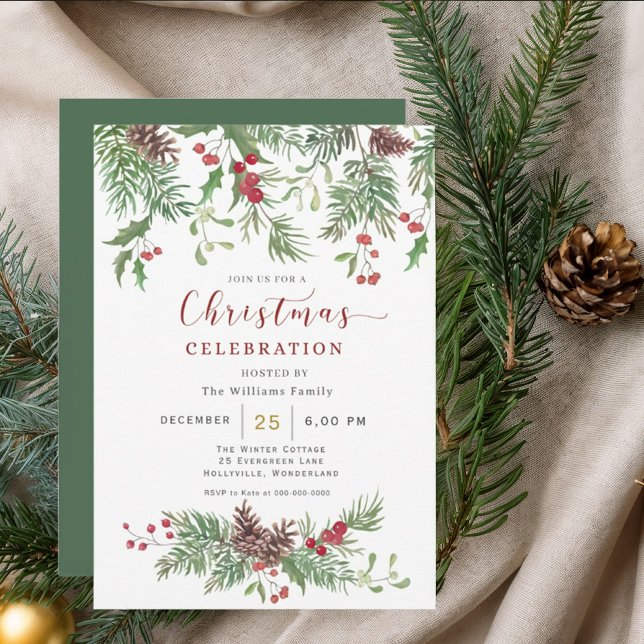 Christmas Greenery Watercolor Celebration Invitati Invitation (Creator Uploaded)