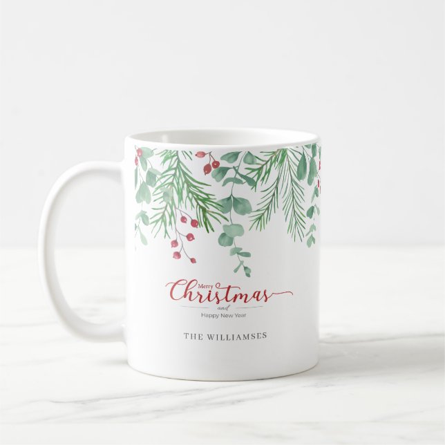 Christmas Greenery Watercolor Personalized Mug (Left)