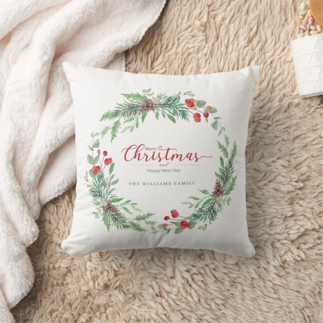 Christmas Greenery Watercolor Personalized Throw P Throw Pillow (Blanket)