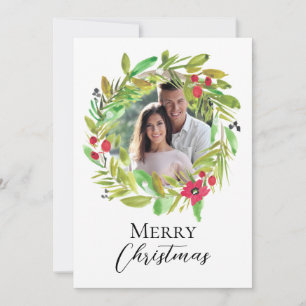 Christmas Greenery Watercolor wreath Custom Photo Holiday Card