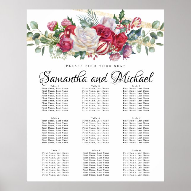 Christmas Greenery Wedding 9-Table Seating Chart (Front)
