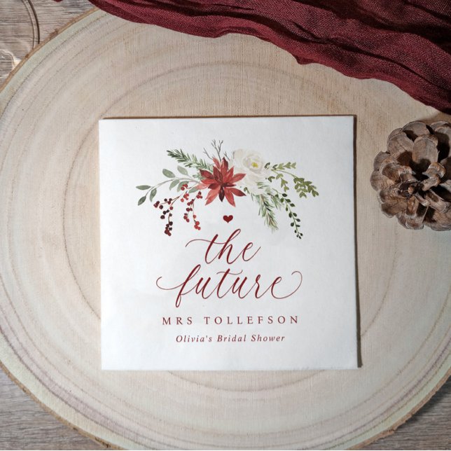 Christmas Greenery Winter Bridal Shower Wedding Napkins (Elegant winter wedding personalized bridal shower napkins with watercolor greenery & berries.)