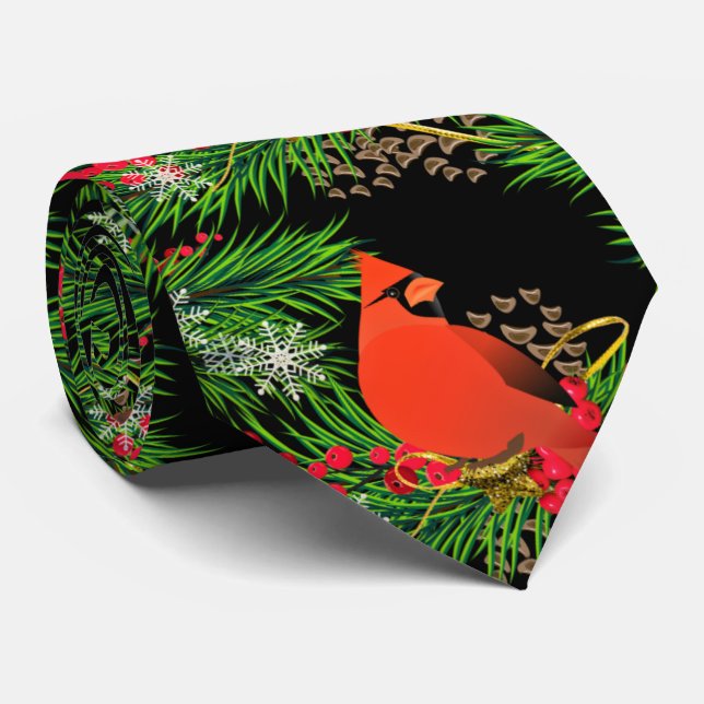 Christmas Greenery with Cardinal Bird Holiday Neck Tie (Rolled)