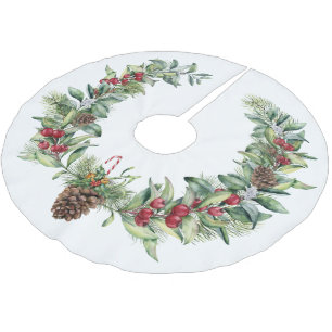 Christmas  Greenery With Pinecone on White Brushed Polyester Tree Skirt