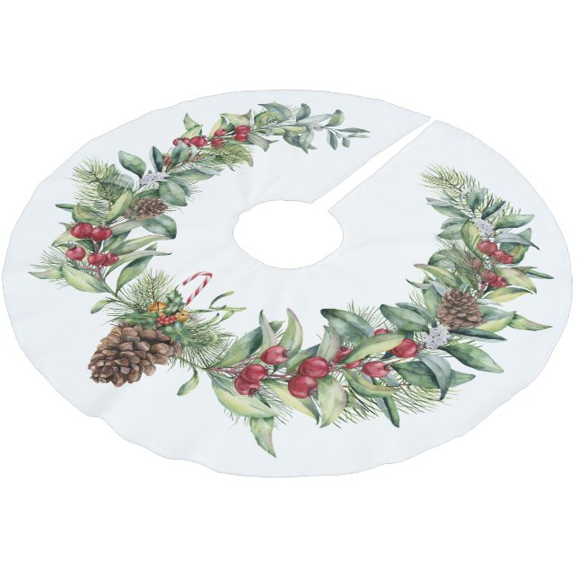 Christmas  Greenery With Pinecone on White Brushed Polyester Tree Skirt (Angled)