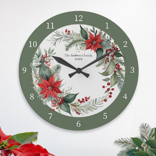 Christmas Greenery with Red Poinsettias Custom Large Clock