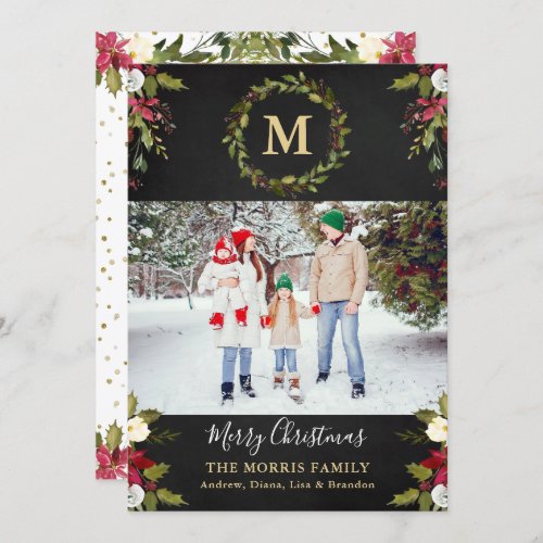 Christmas Greenery Wreath Monogram Photo Holiday Card