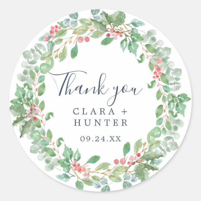 Christmas Greenery Wreath Thank You Favor Sticker (Front)