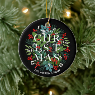 Christmas Greens and Berries on Black Ceramic Ornament