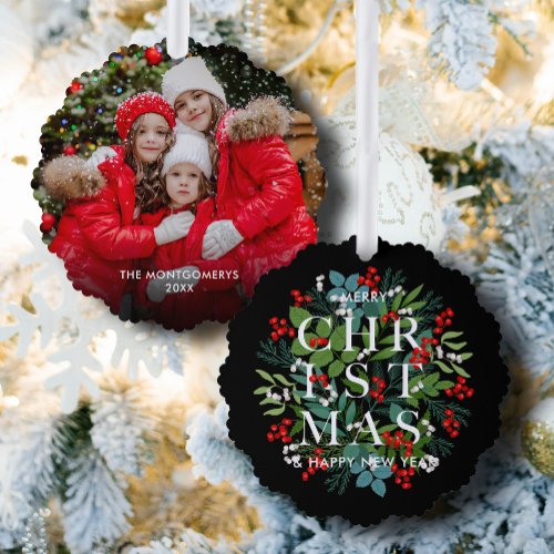 Christmas Greens and Berries Photo Ornament Card