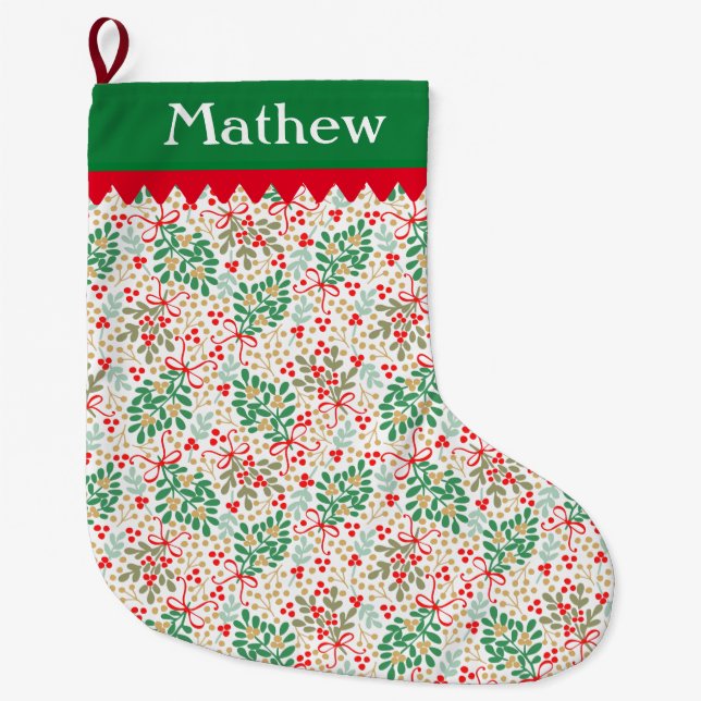 Christmas Greens And Holly Berries - Personalized Large Christmas Stocking (Front)