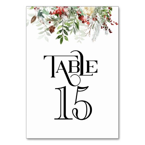 Christmas Greens  on White Wedding Reception  Table Number