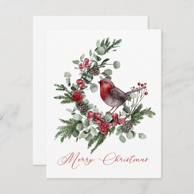 Christmas Greens, Pine Cones, Red Gray Wren (Front/Back)