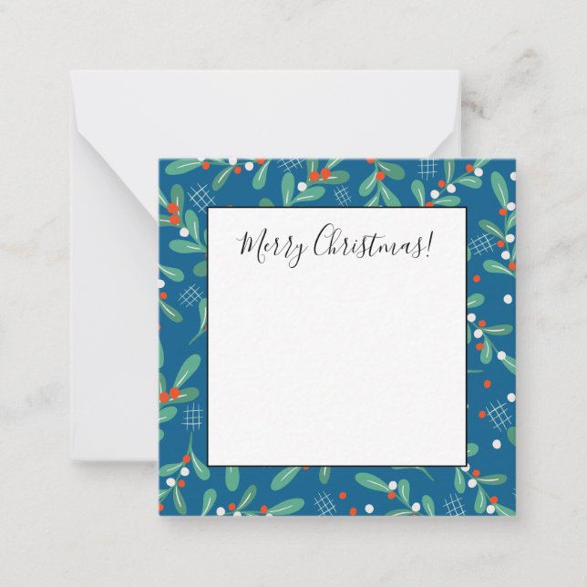 Christmas Greens with Holly Berries Blue Red White Note Card (Front)