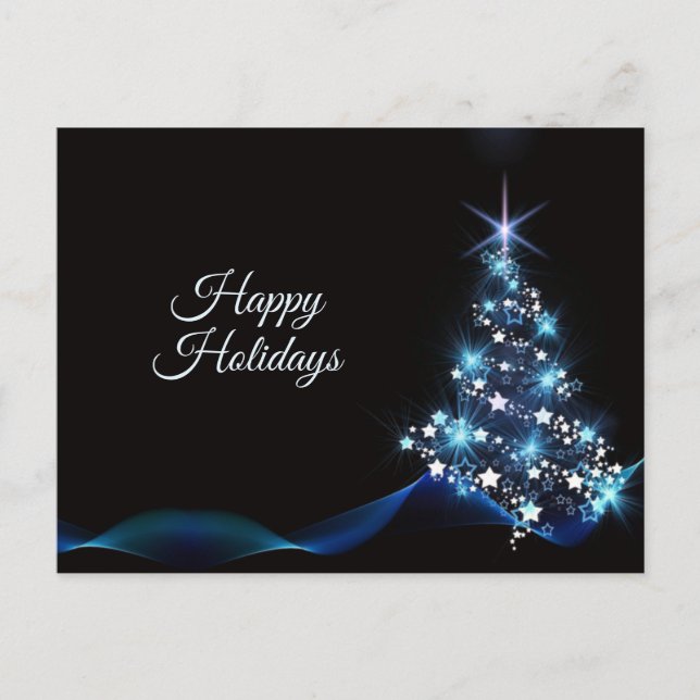 Christmas Greeting Blue Shiny Tree Black Elegant Postcard (Front)