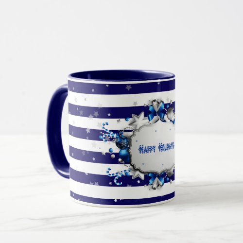 Christmas Greeting Blue  Striped Mug