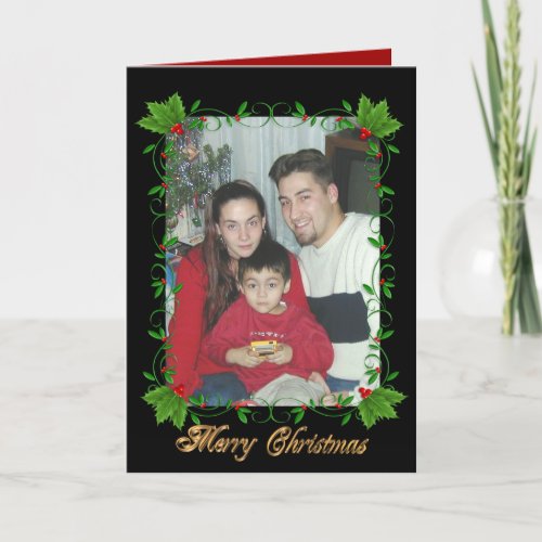 Christmas greeting card holly frame on black