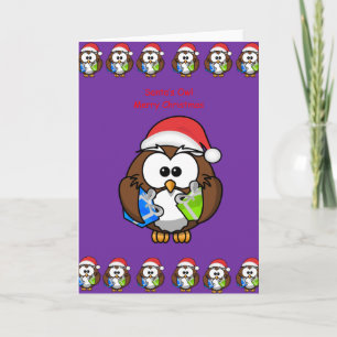 Christmas greeting card owl person kids purple