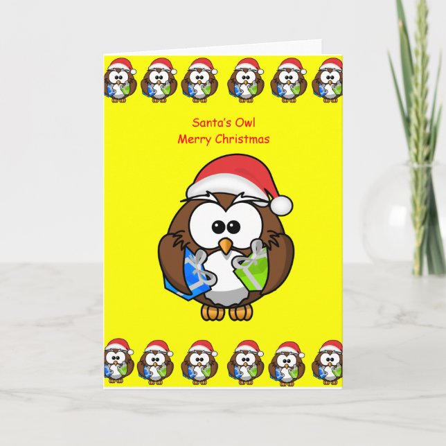 Christmas greeting card owl person kids yellow (Front)