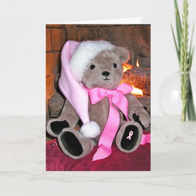 Christmas Greeting Card-Teddy bear in pink hat. Holiday Card (Front)